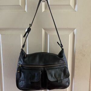 Fossil black soft leather shoulder with antique tone hardwares adjustabl…